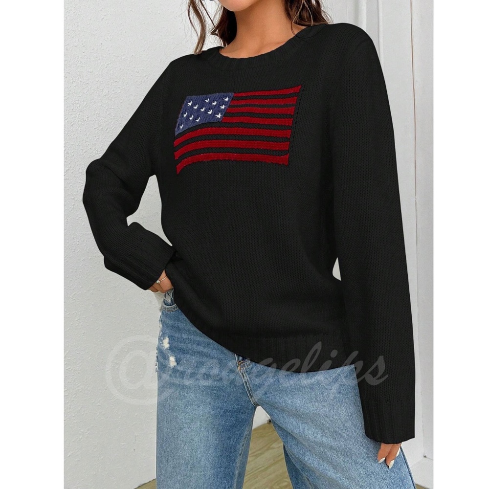 American Flag Knit Black Pullover Sweater Crew Neck Long Sleeve Drop Shoulder - Picture 6 of 7